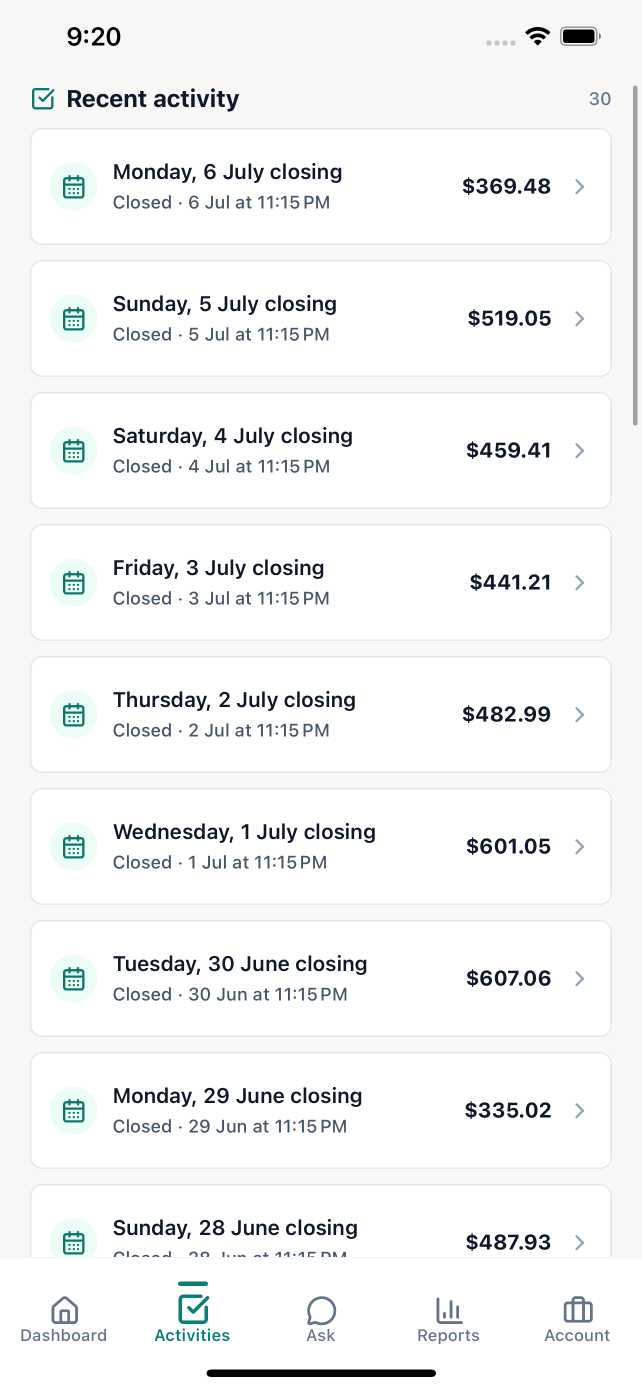 Joony Admin mobile activity and closing history