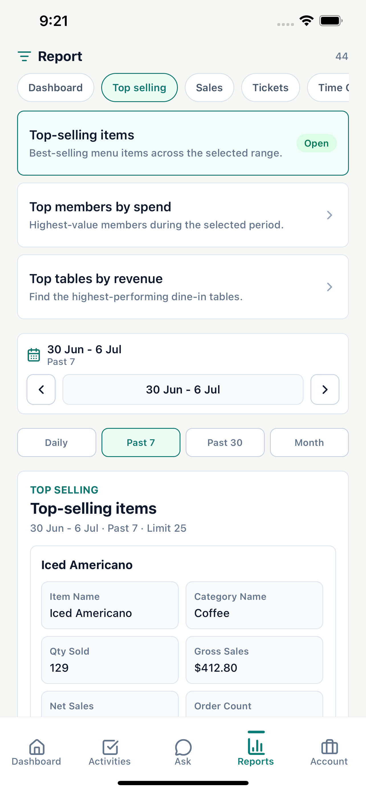 Joony Admin mobile sales report with top-selling items